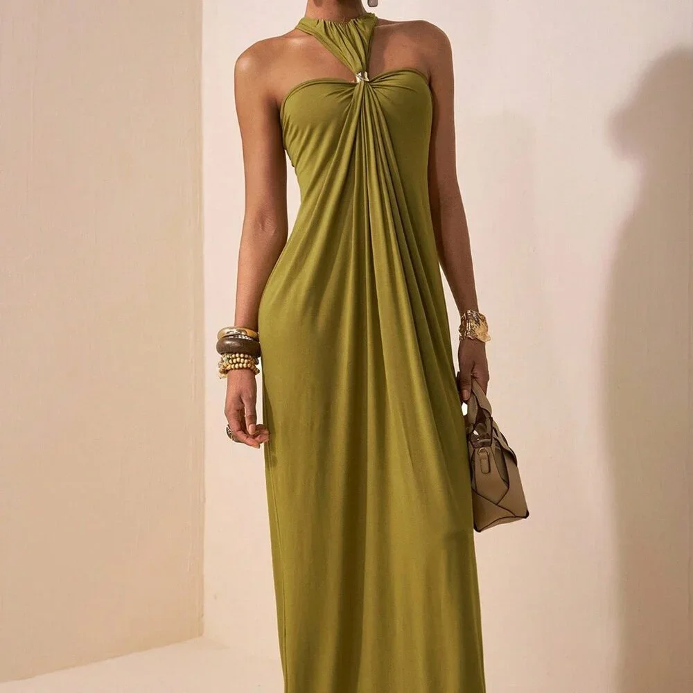 Army Green Casual Maxi Backless Evening Dress - Picture 1 of 8